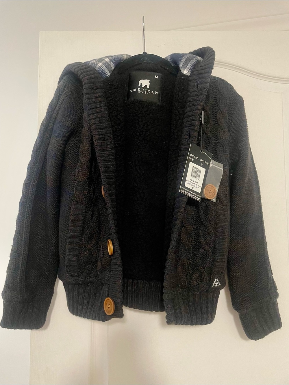 NWT American Stitch Black Cable-Knit Sherpa Hoodie Cardigan Boys Medium